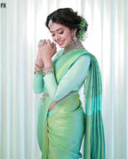 Mint Green Lichi Silk Saree with Elegant Golden Weave
