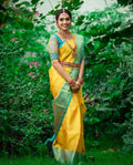 Premium Yellow Soft Lichi Silk Saree with Teal Jacquard Border & Rich Pallu