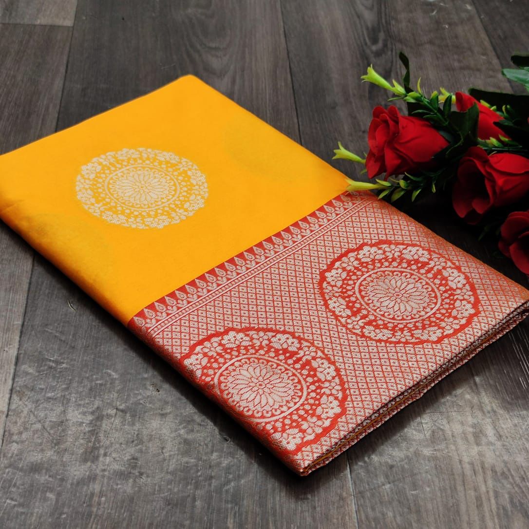 Sunshine Yellow Soft Lichi Silk Saree – Festive Royal Charm