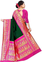 Royal Green Soft Lichi Silk Saree with Rani Pink Temple Border