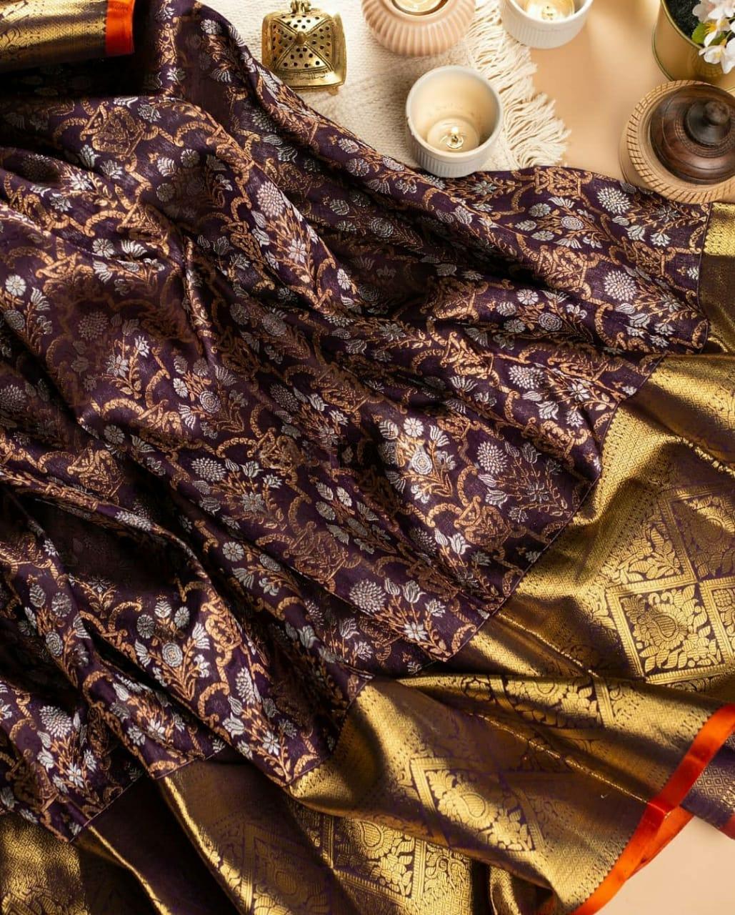 Royal Purple Lichi Silk Saree with Grand Golden Zari Pallu