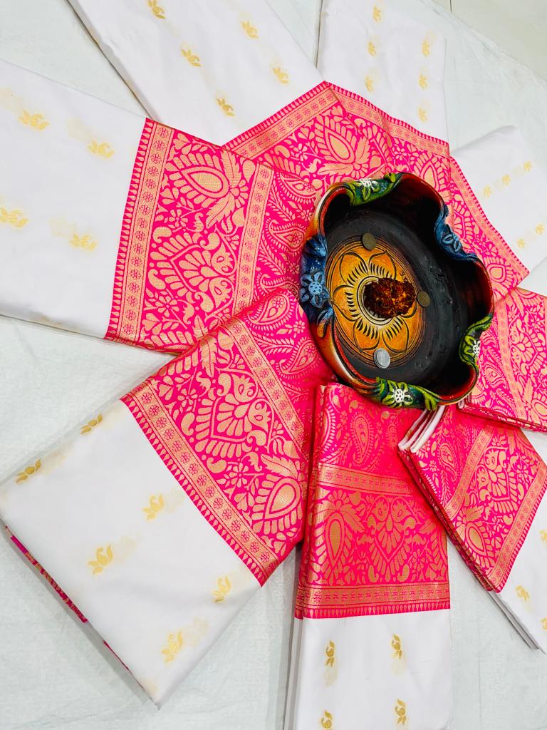 Graceful Cream Soft Lichi Silk Saree with Rich Pink Jacquard Border