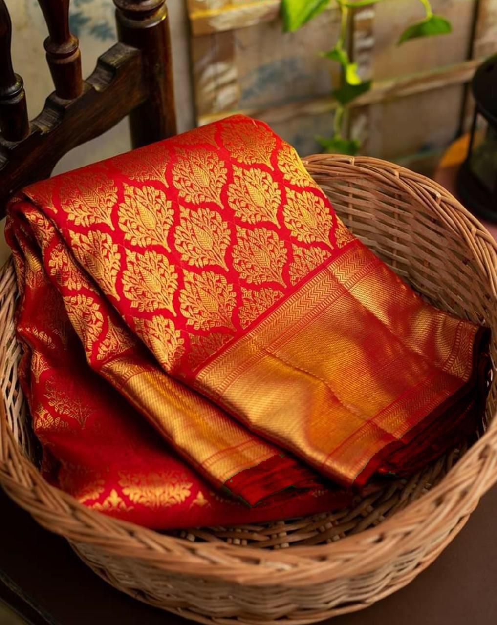 Royal Red Lichi Silk Saree with Grand Golden Jacquard Pallu