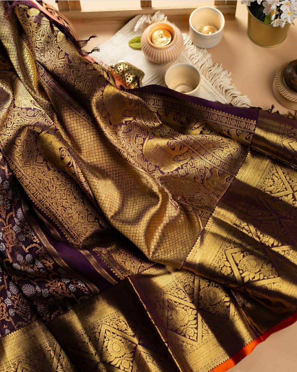 Royal Purple Lichi Silk Saree with Grand Golden Zari Pallu