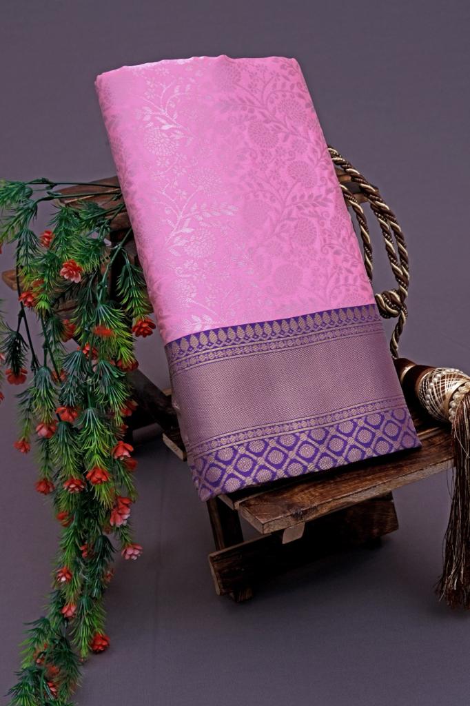 Blush Pink Lichi Silk Saree with Royal Purple Zari Border & Designer Blouse