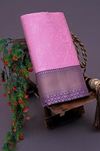 Blush Pink Lichi Silk Saree with Royal Purple Zari Border & Designer Blouse