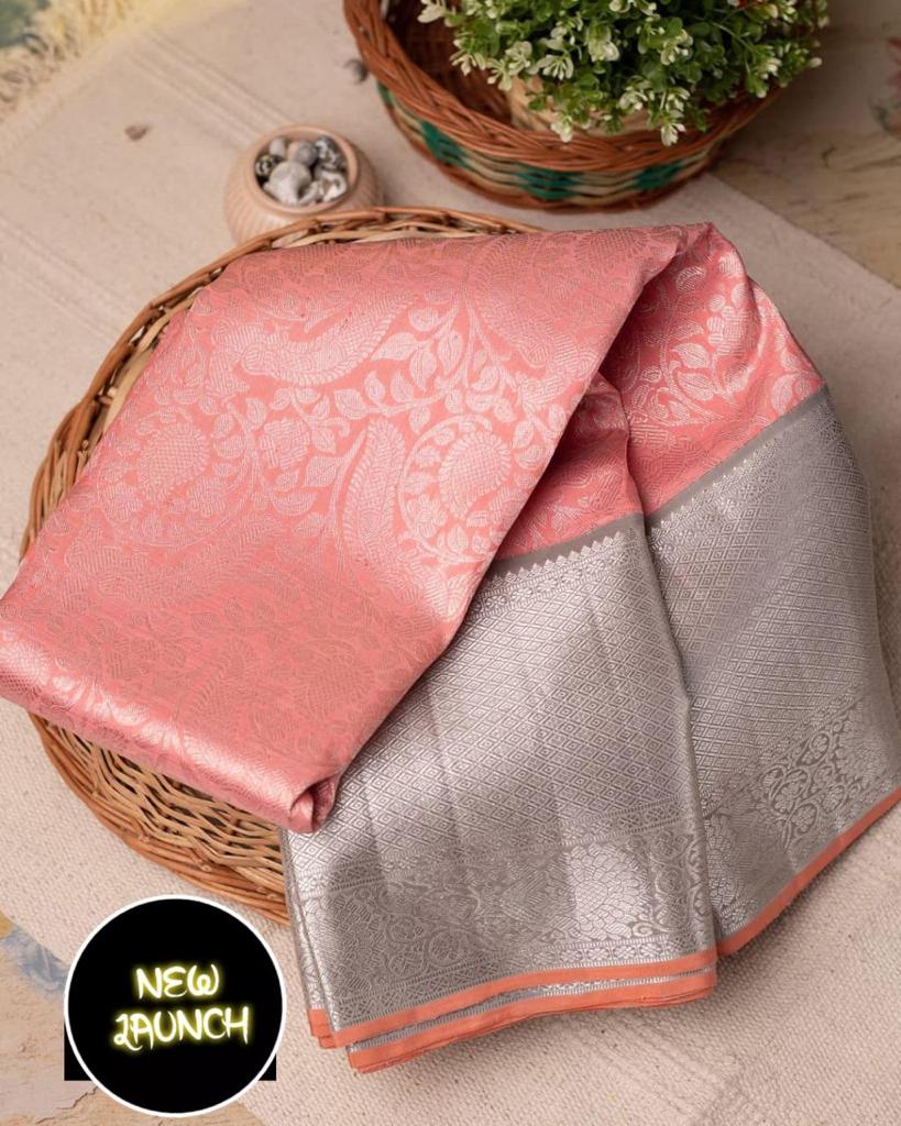 Elegant Peach Soft Lichi Silk Saree with Silver Jacquard Pallu