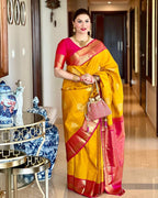 Royal Mustard Lichi Silk Saree with Pink Rich Pallu