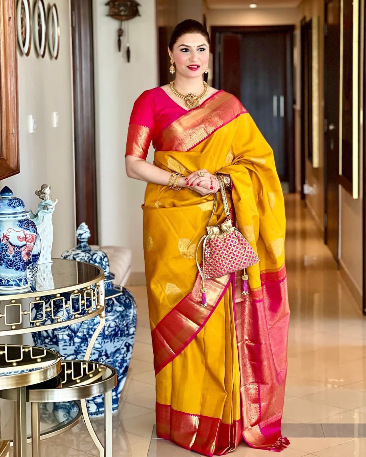Royal Mustard Lichi Silk Saree with Pink Rich Pallu