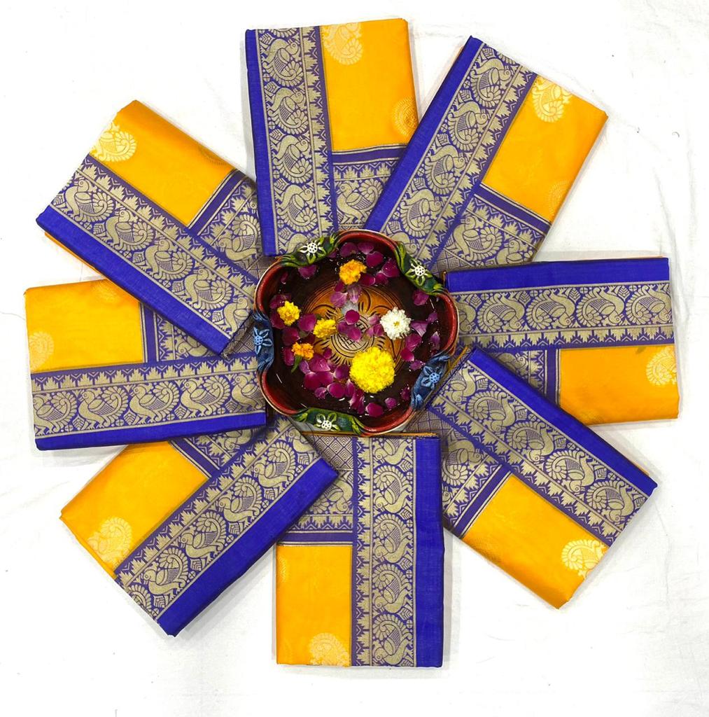 Royal Yellow Soft Lichi Silk Saree with Blue Jacquard Border