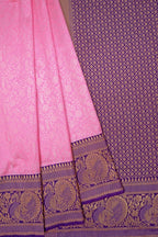 Blush Pink Lichi Silk Saree with Royal Purple Zari Border & Designer Blouse