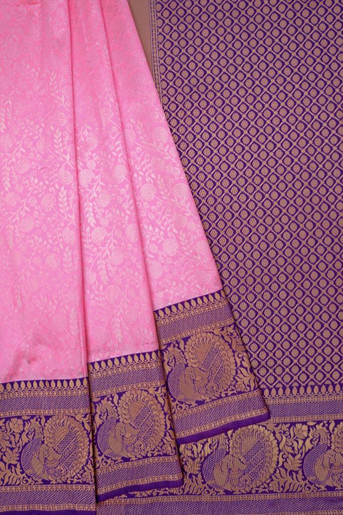 Blush Pink Lichi Silk Saree with Royal Purple Zari Border & Designer Blouse