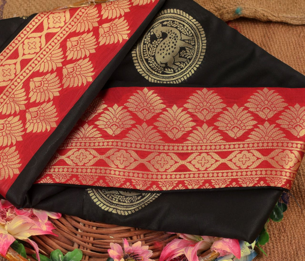 Royal Black Soft Lichi Silk Saree with Rich Red Jacquard Pallu