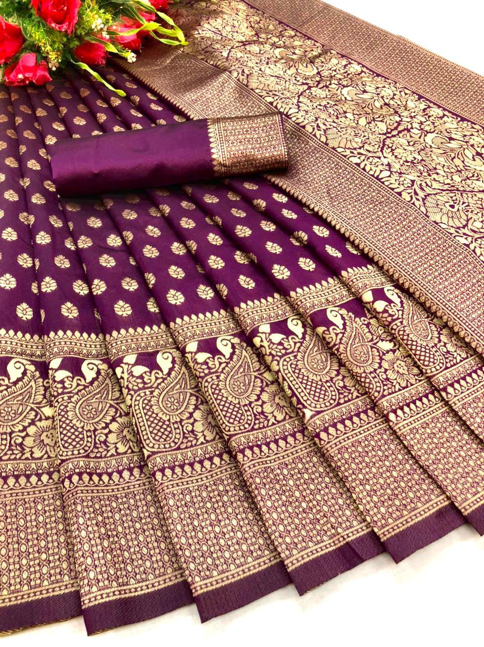 Royal Purple Lichi Silk Saree with Heavy Golden Jacquard Border – New Launch