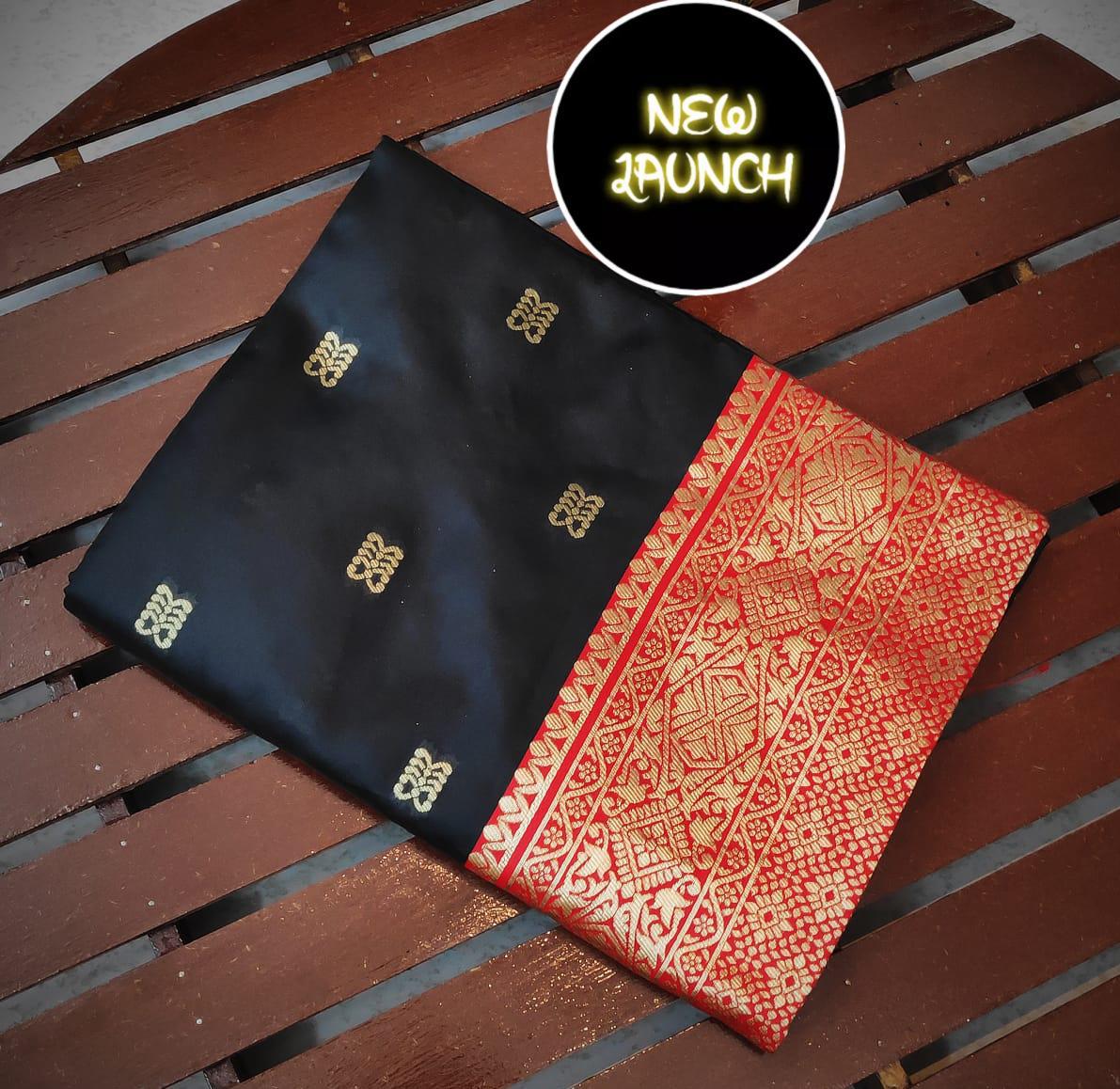 Classic Black Soft Lichi Silk Saree with Grand Red Jacquard Border