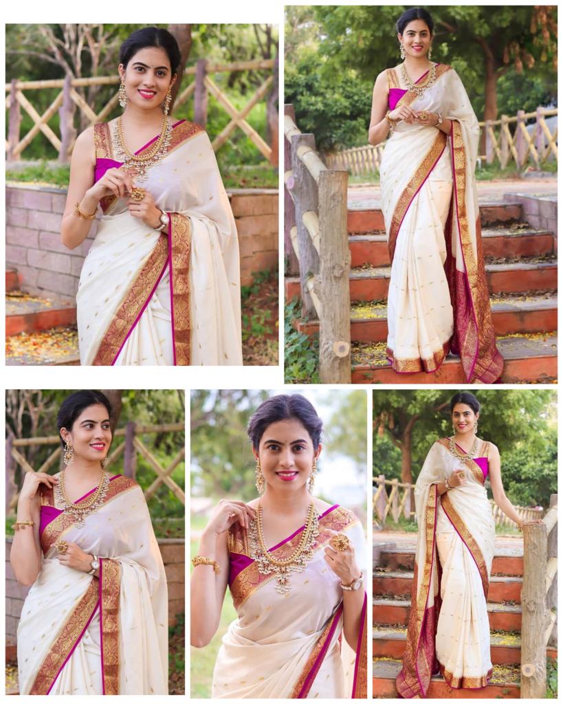 Graceful Cream Soft Lichi Silk Saree with Rich Pink Jacquard Border