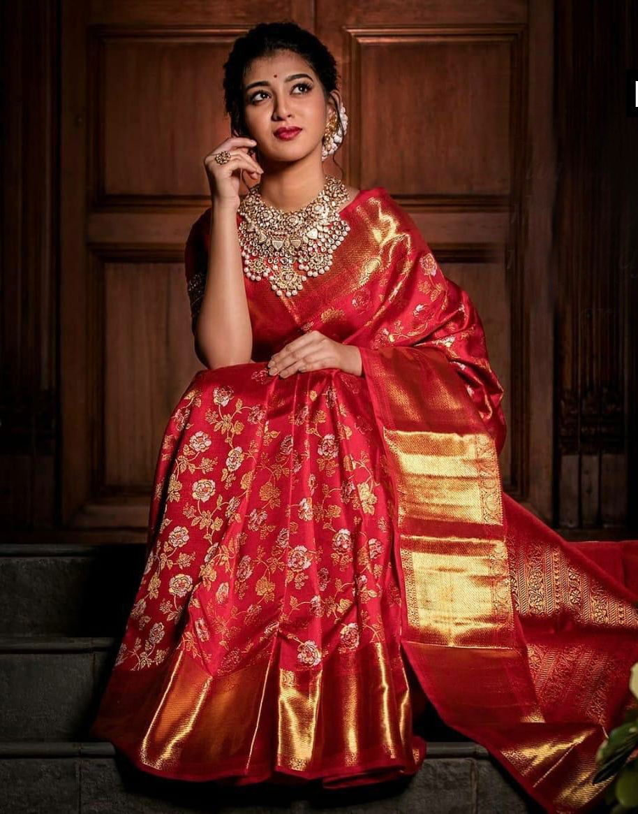 Bridal Red Soft Lichi Silk Saree with Royal Jacquard Pallu