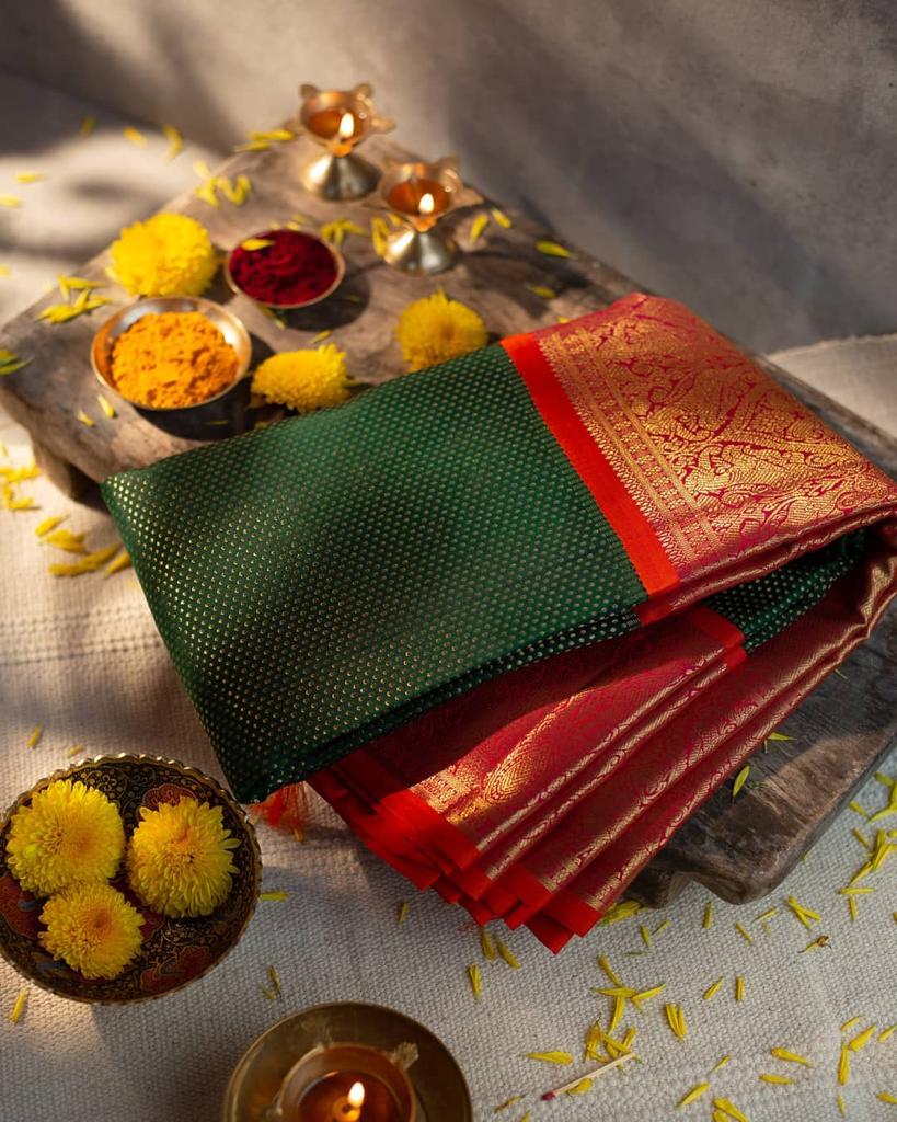 Royal Green Soft Lichi Silk Saree with Rich Golden Jacquard Pallu