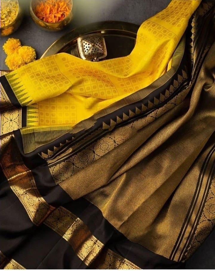 Royal Yellow & Black Soft Lichi Silk Saree with Rich Jacquard Pallu