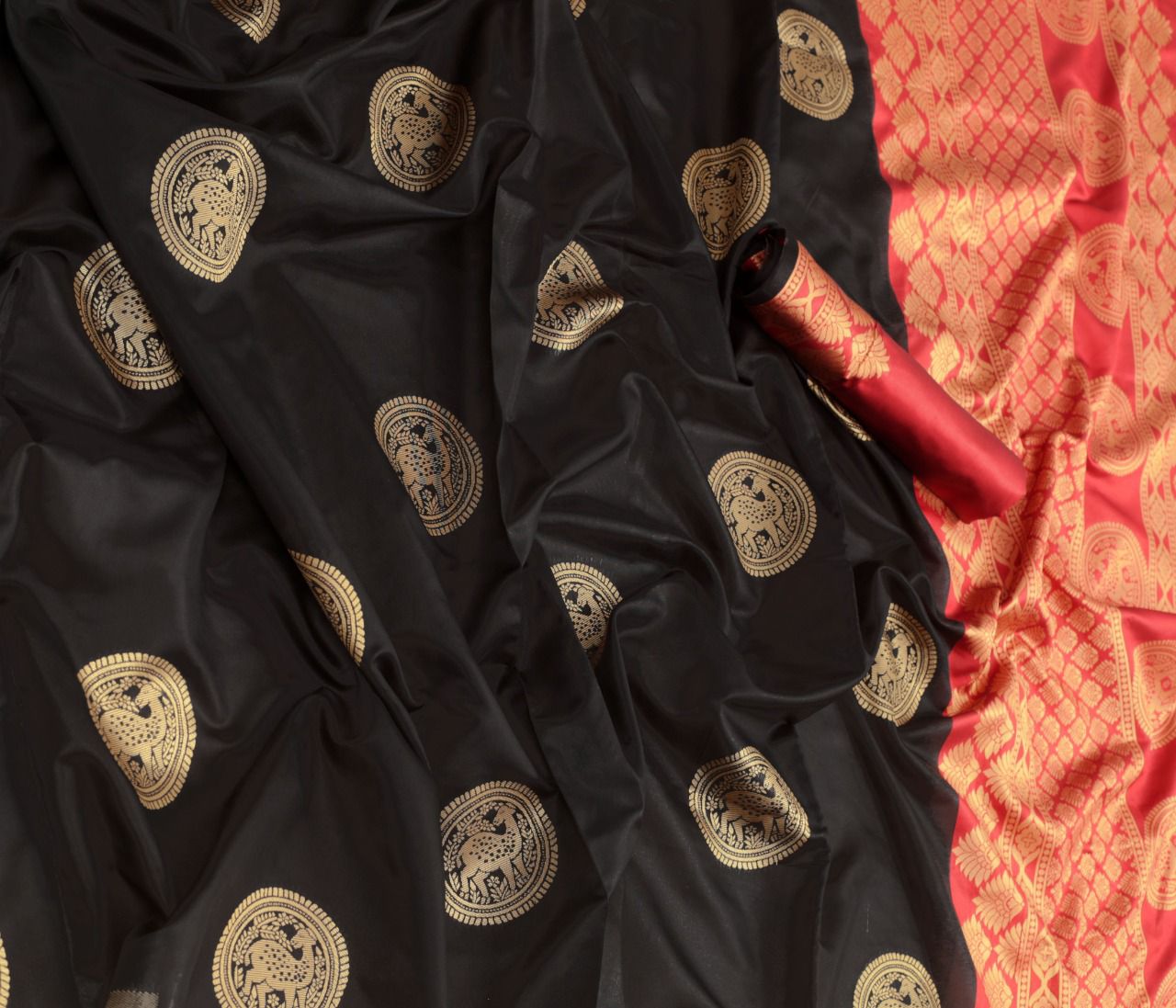 Royal Black Soft Lichi Silk Saree with Rich Red Jacquard Pallu