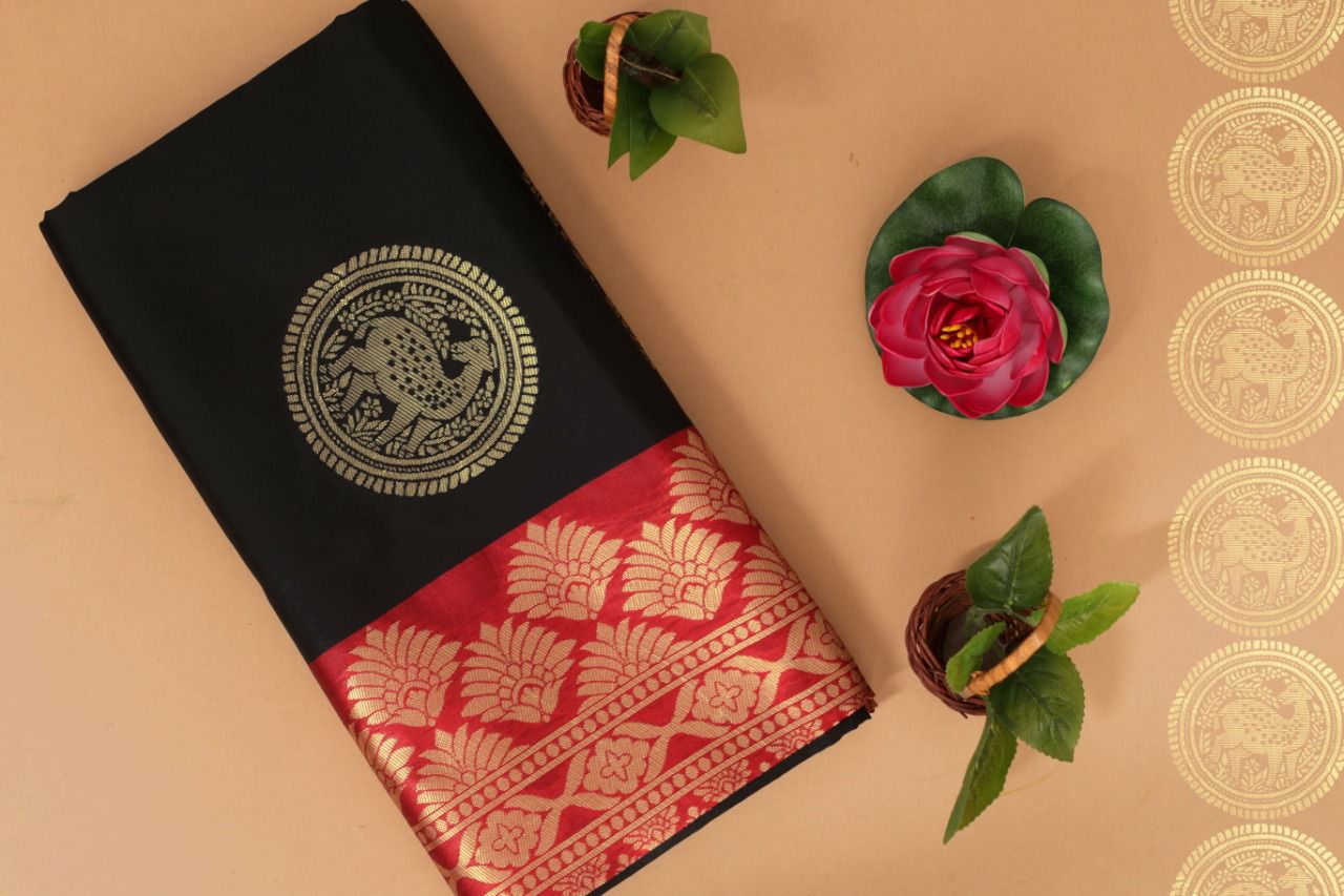 Royal Black Soft Lichi Silk Saree with Rich Red Jacquard Pallu
