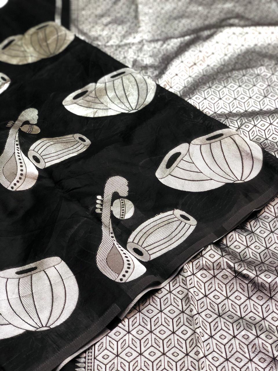 Designer Black Soft Lichi Silk Saree with Silver Woven Motifs