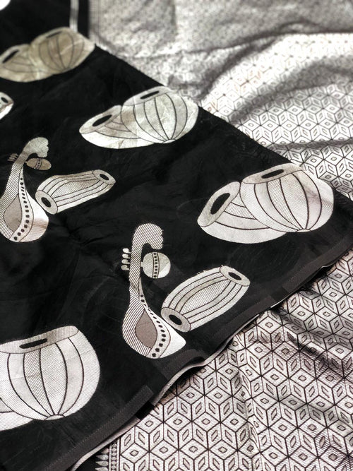 Designer Black Soft Lichi Silk Saree with Silver Woven Motifs