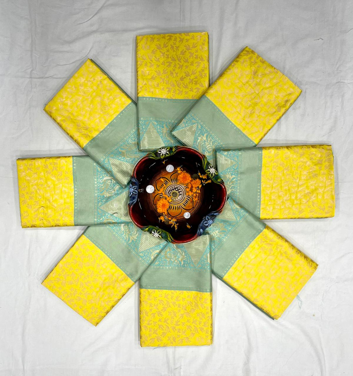 Lemon Yellow Lichi Silk Saree with Elegant Sea Green Border