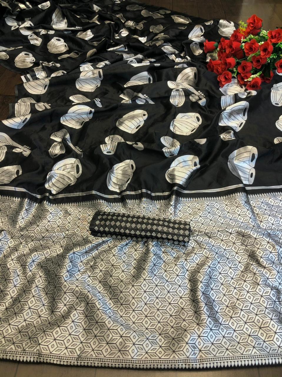 Designer Black Soft Lichi Silk Saree with Silver Woven Motifs