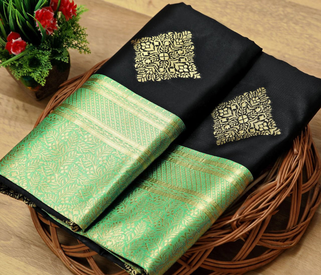 Royal Black Soft Lichi Silk Saree with Parrot Green Jacquard Border