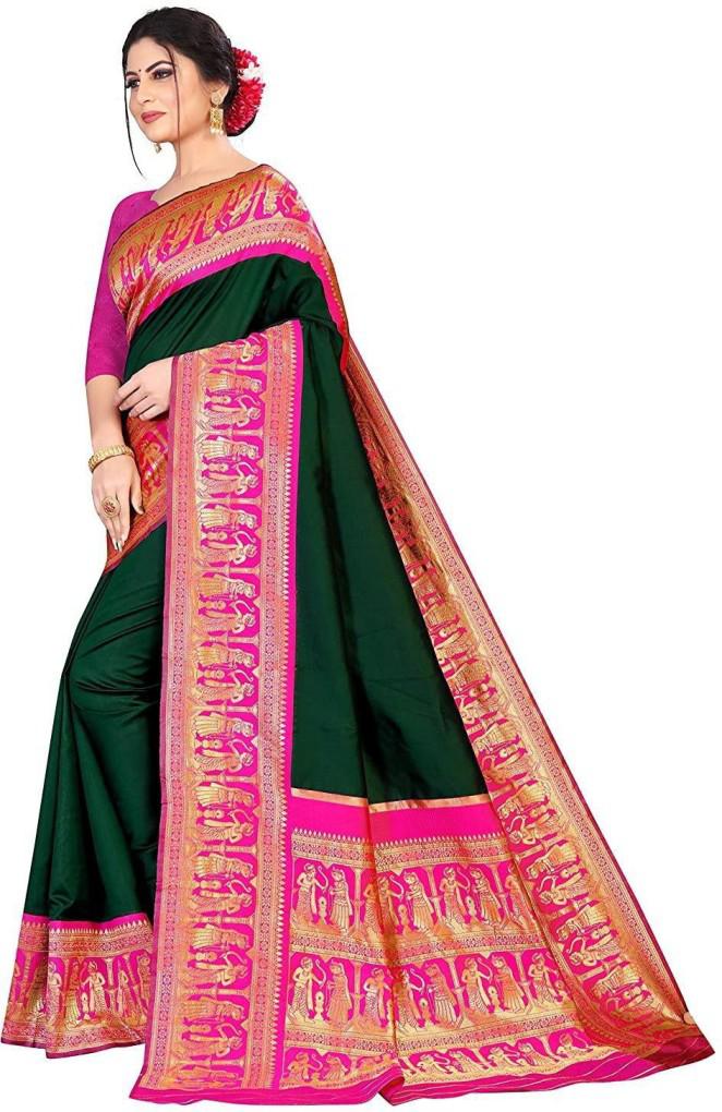 Royal Green Soft Lichi Silk Saree with Rani Pink Temple Border