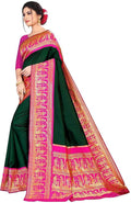 Royal Green Soft Lichi Silk Saree with Rani Pink Temple Border
