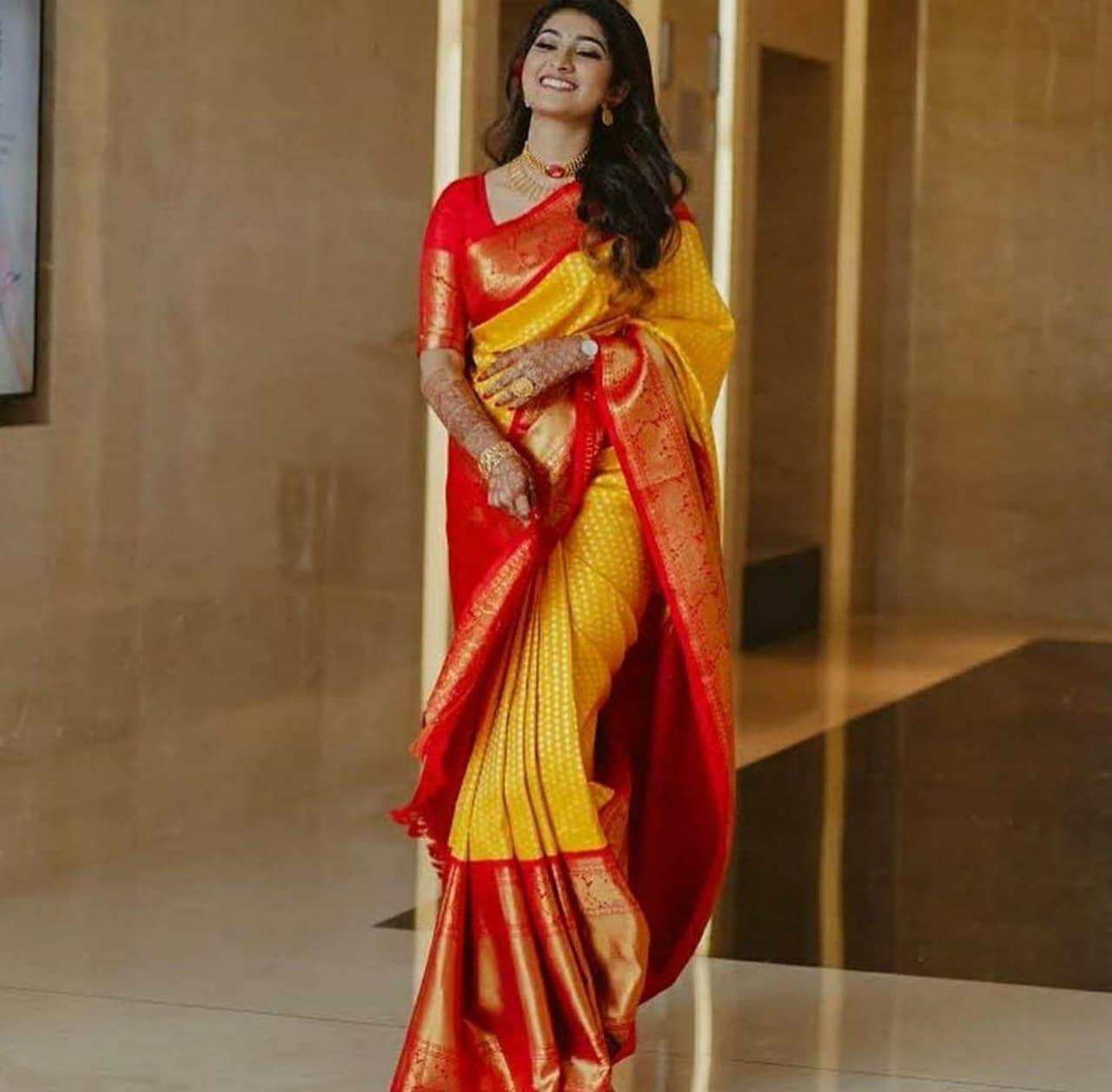 Royal Red & Yellow Soft Lichi Silk Saree with Rich Jacquard Pallu