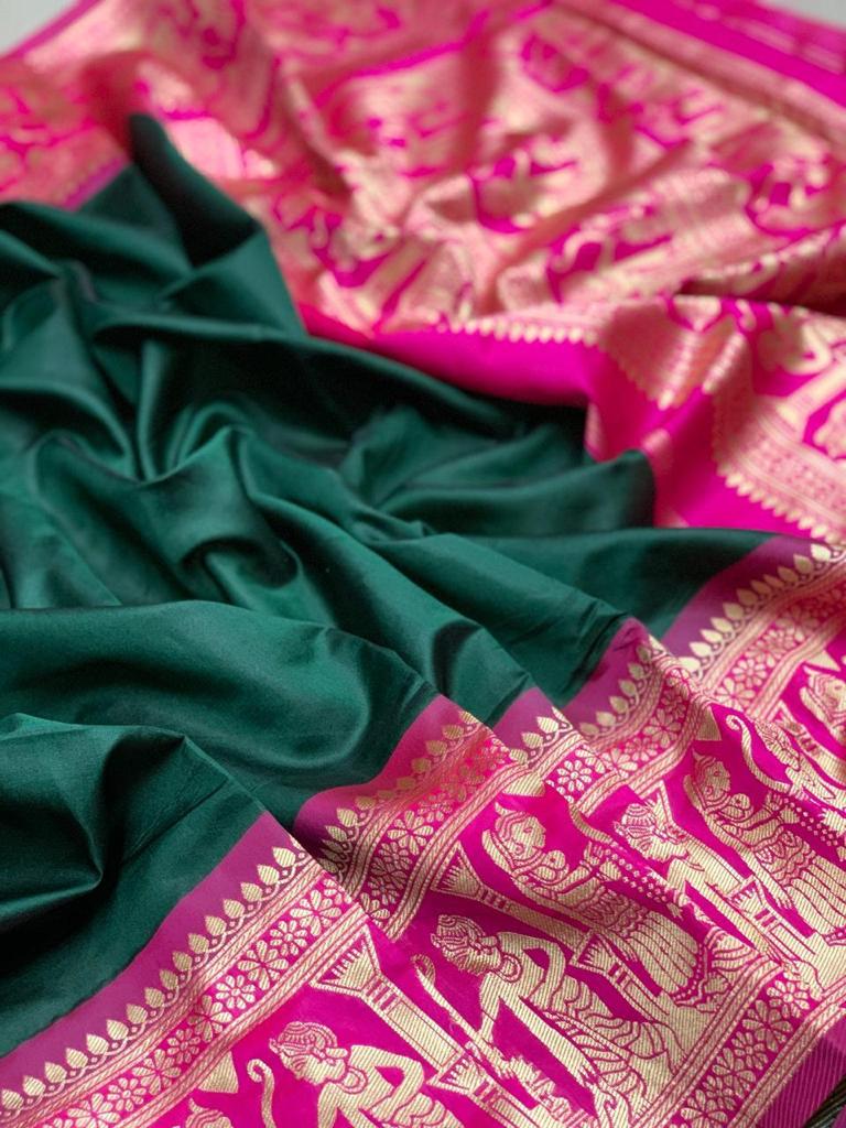 Royal Green Soft Lichi Silk Saree with Rani Pink Temple Border