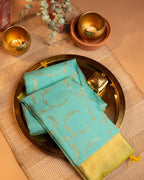 Aqua Green Soft Lichi Silk Saree with Golden Jacquard Border