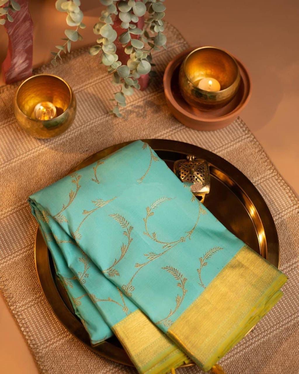 Aqua Green Soft Lichi Silk Saree with Golden Jacquard Border