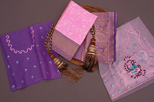 Blush Pink Lichi Silk Saree with Royal Purple Zari Border & Designer Blouse