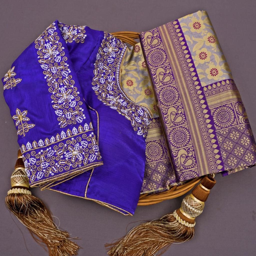Premium Soft Lichi Silk Saree with Designer Embroidered Blouse Set