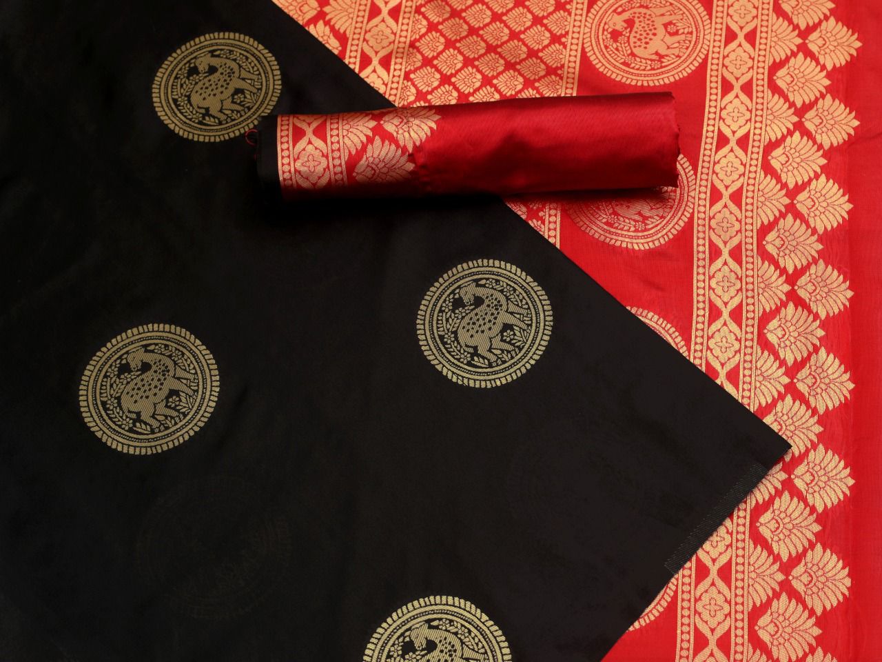 Royal Black Soft Lichi Silk Saree with Rich Red Jacquard Pallu
