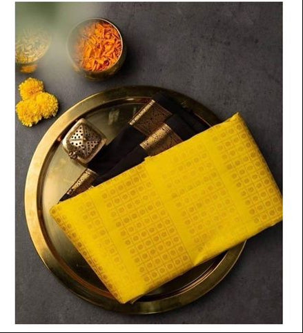 Royal Yellow & Black Soft Lichi Silk Saree with Rich Jacquard Pallu
