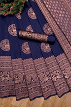 Royal Navy Blue Lichi Silk Saree with Heavy Jacquard Pallu – Premium Festive Wear