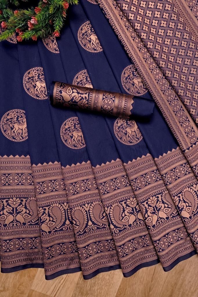 Royal Navy Blue Lichi Silk Saree with Heavy Jacquard Pallu – Premium Festive Wear