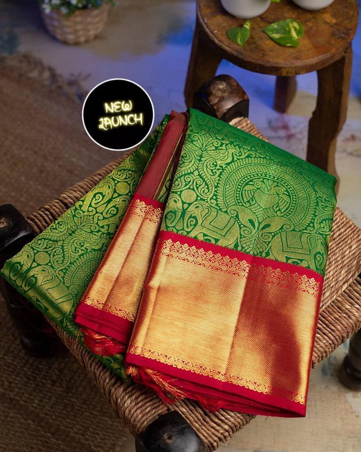 Royal Green Soft Lichi Silk Saree with Grand Copper Gold Pallu