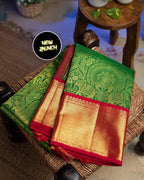 Royal Green Soft Lichi Silk Saree with Grand Copper Gold Pallu