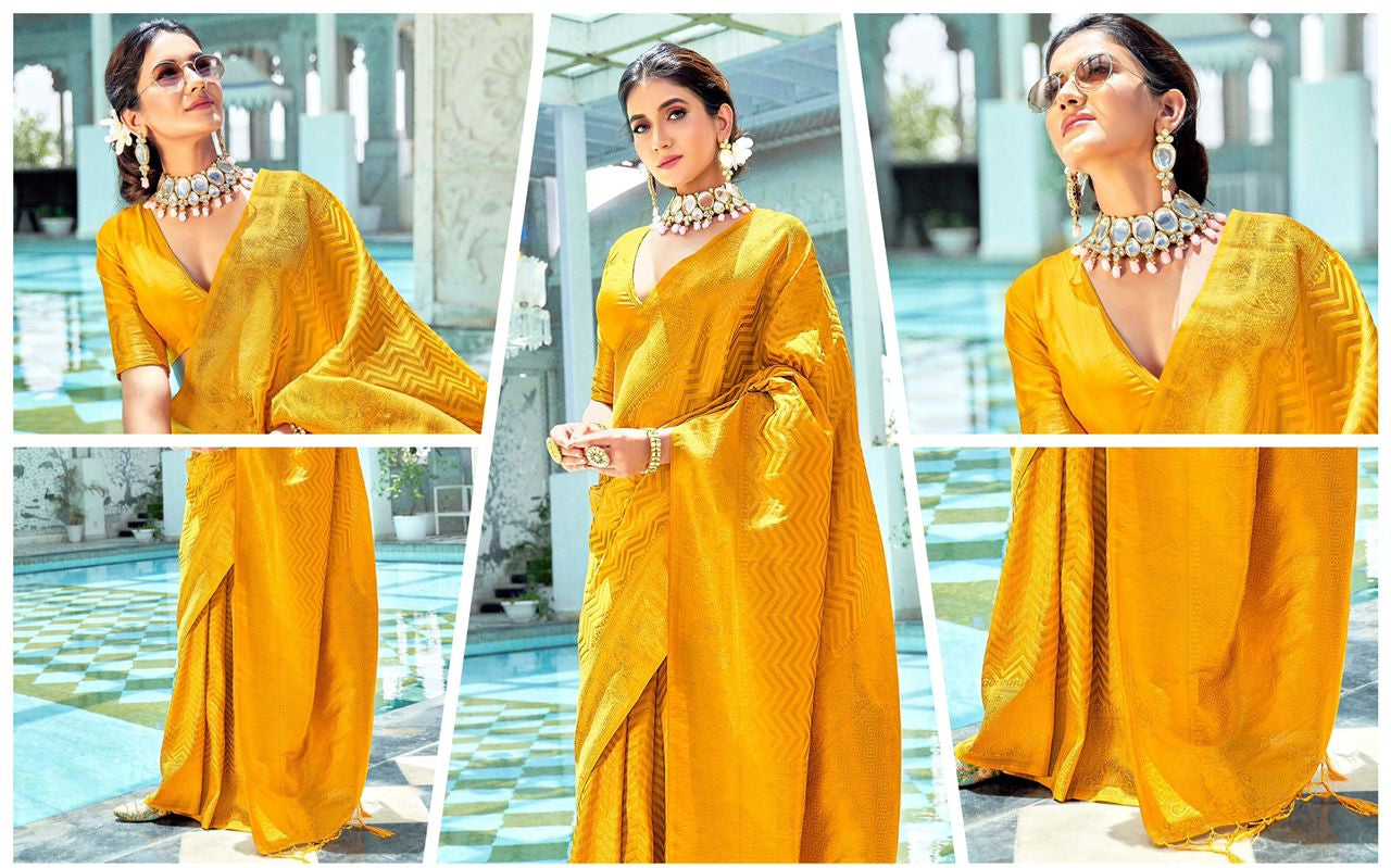 Royal Mustard Soft Lichi Silk Saree with Rich Jacquard & Designer Zhalar