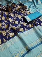 Royal Navy Blue Soft Lichi Silk Saree with Aqua Jacquard Border