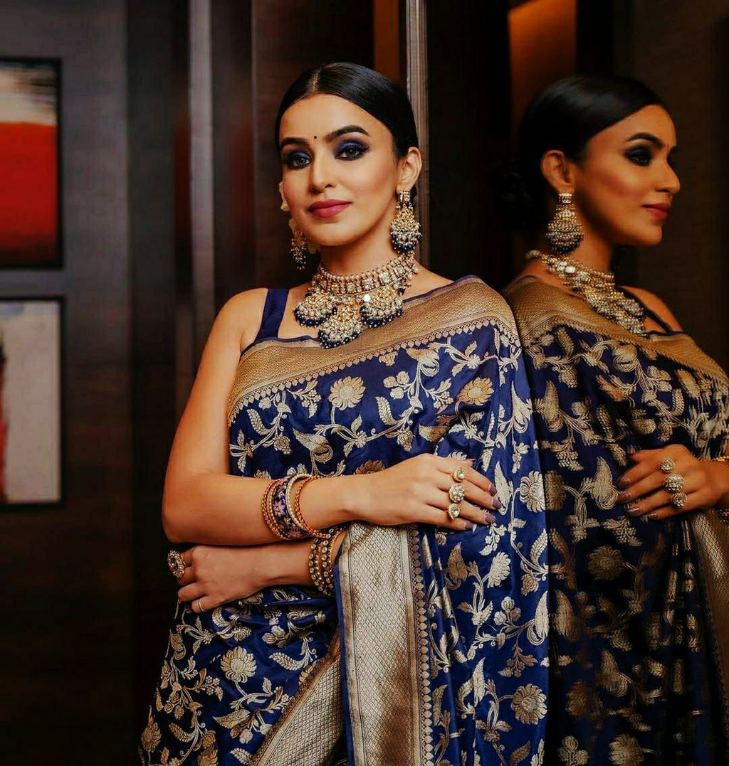 Royal Blue Soft Lichi Silk Saree with Rich Golden Jacquard