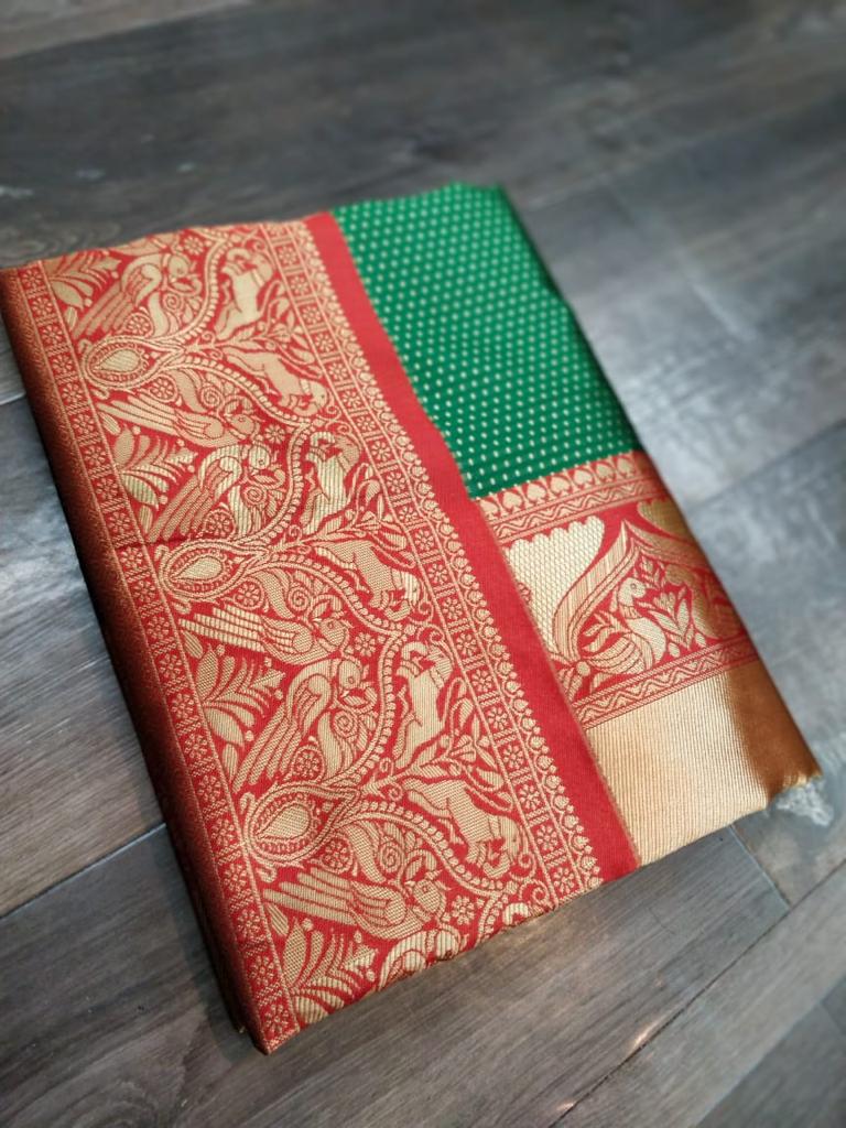Royal Green Soft Lichi Silk Saree with Rich Golden Jacquard Pallu