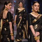 Classic Black Soft Lichi Silk Saree with Rich Golden Border
