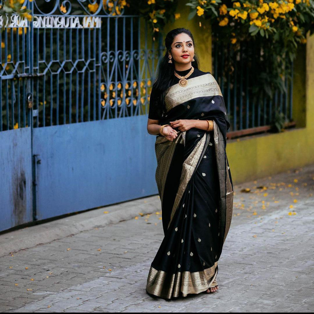 Royal Black Soft Lichi Silk Saree with Rich Jacquard Border